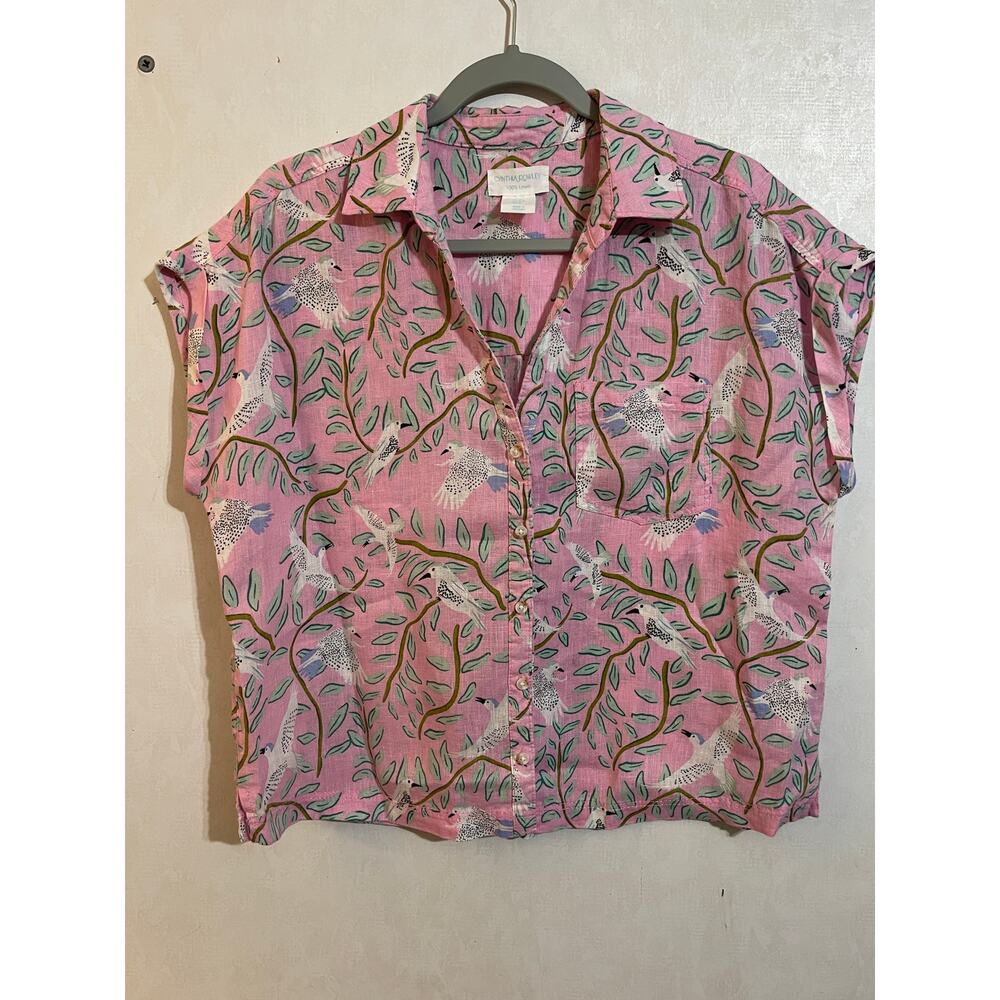 Cynthia Rowley Linen Pink Bird Theme Button Up Blouse Size Medium